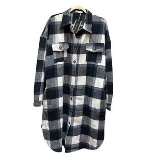 Fantaslook Womens Longline Buffalo Plaid Shacket Navy Blue White Size XL NEW